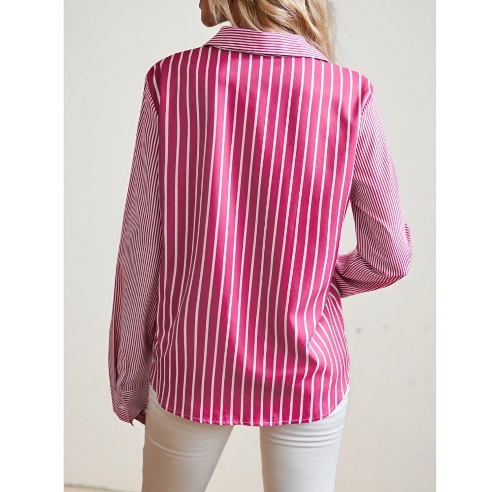Striped Pink White Button Down Shirt Long Sleeve - Picture 3 of 7